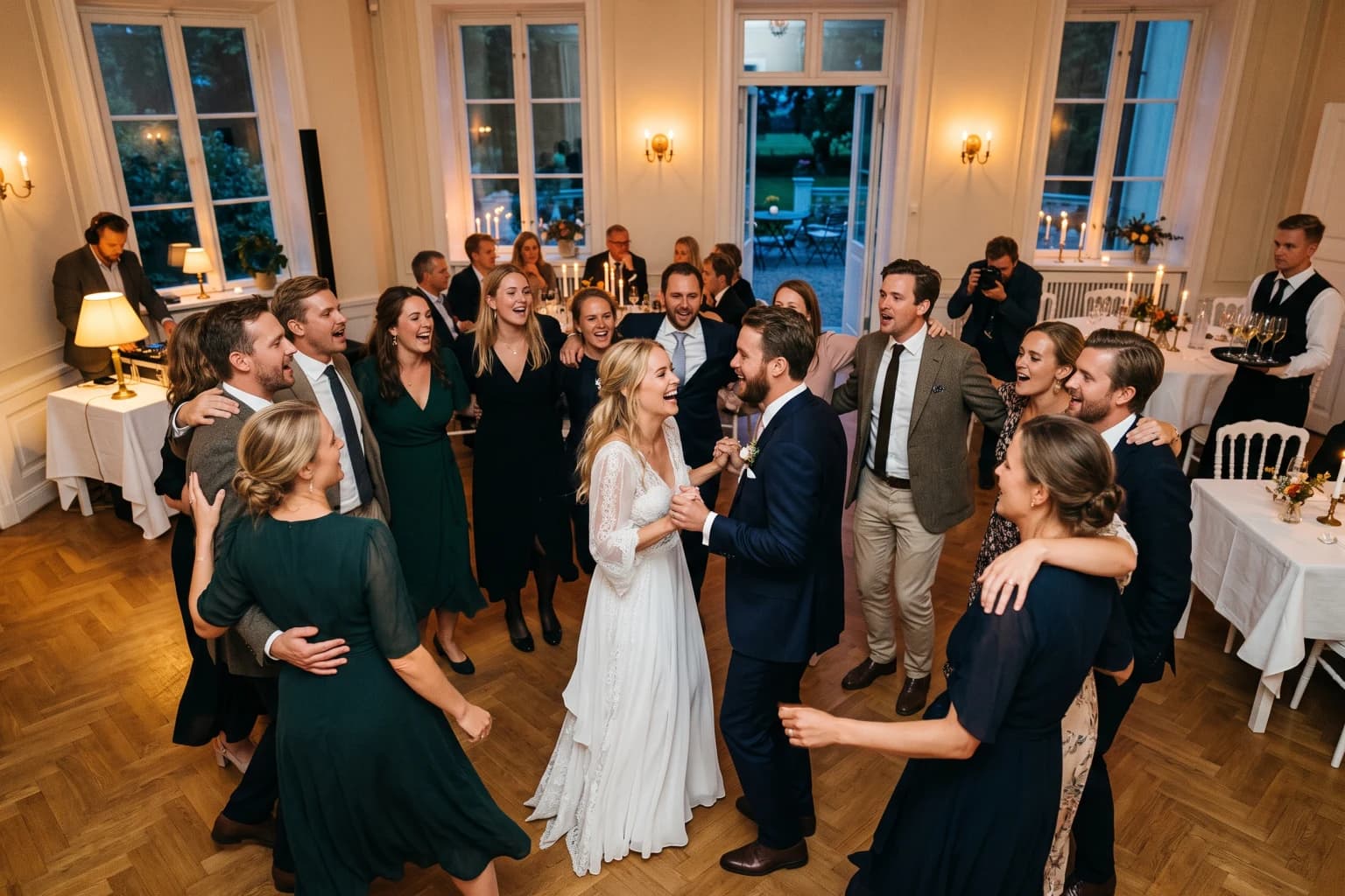 Ett brudpar dansar omgivet av sjungande gäster på ett parkettgolv i ett ljust rum med höga fönster i skymningen.